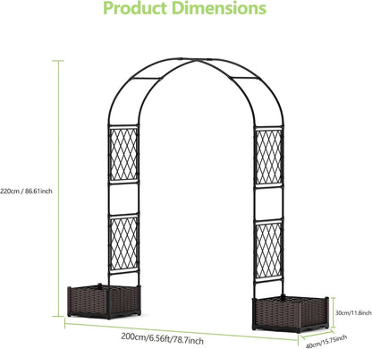 78.7" Garden Arbor with 2 Planter Boxes, PE Coated Metal Garden Arch Trellis for Climbing Plants, Decorative Archway Wedding Arch Frame, Weather-Resistant Arbor Trellis for Lawn Backyard Yard