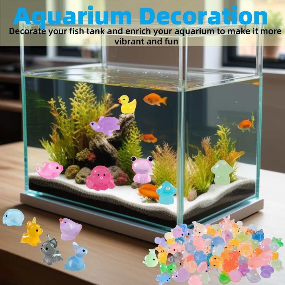 100 Pcs Luminous Mini Resin Animals, Tiny Miniature Sea Animal Figurines Glow in Dark for Crafts Landscape Miniature Garden Decor Accessories, Small Duck Frog Dog Turtle 10 Combinations to Hide Bulk