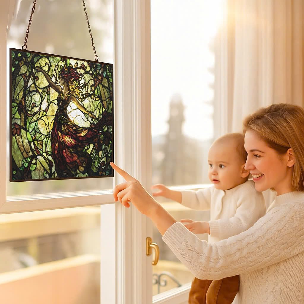 Customized Rectangle Art Nouveau Vine Dryad Stained Glass Suncatcher Window Hangings, Suncatchers Glass Panel Sun Catchers Gifts Home Decor Garden Christmas Halloween Wedding