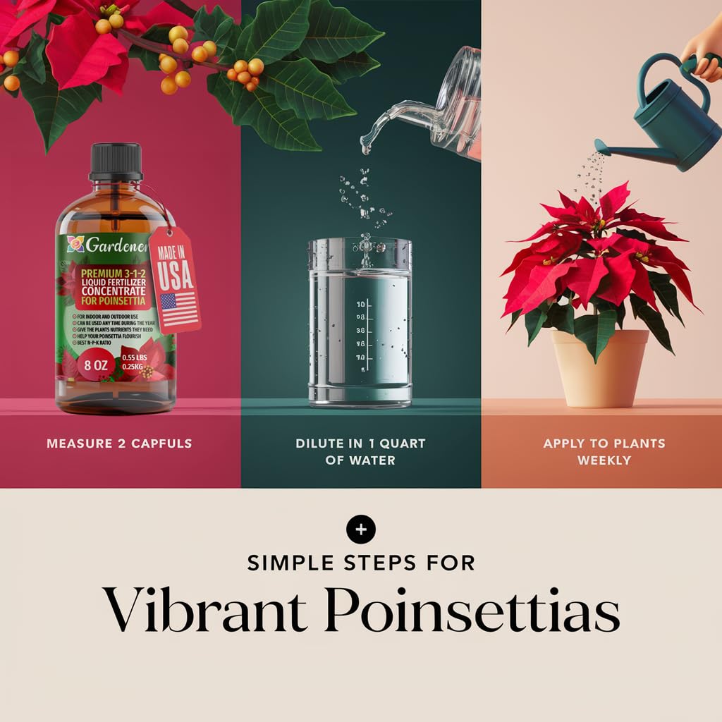 Gardenera Poinsettia Plant Fertilizer - 3-1-2 NPK - Organic Liquid Plant Food for Christmas Flowers and Trees - 32oz Concentrate