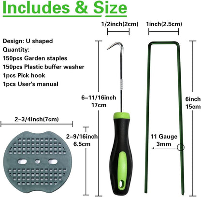Bakulyor 150pcs Green Artificial Turf Stakes Staples + 150pcs Buffer Washer, 6 Inch 11 Gauge Landscape Staples, Galvanized Lawn Spikes, Heavy Duty Yard Ground Pin for Grass Weed Barrier Sod Fabric