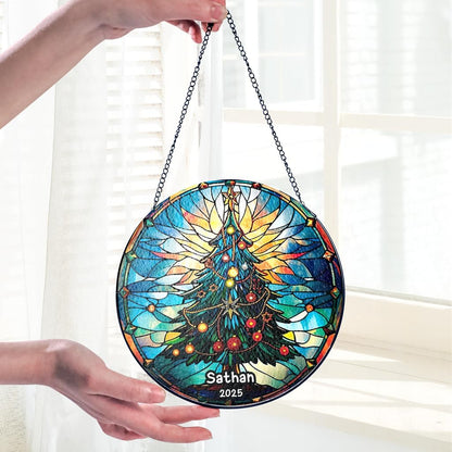 Personalized Stained Glass Christmas Tree Suncatcher, Christmas Handcraft Holiday Ornament with Name and Number, Gift for Family or Friend, Gift for Décor
