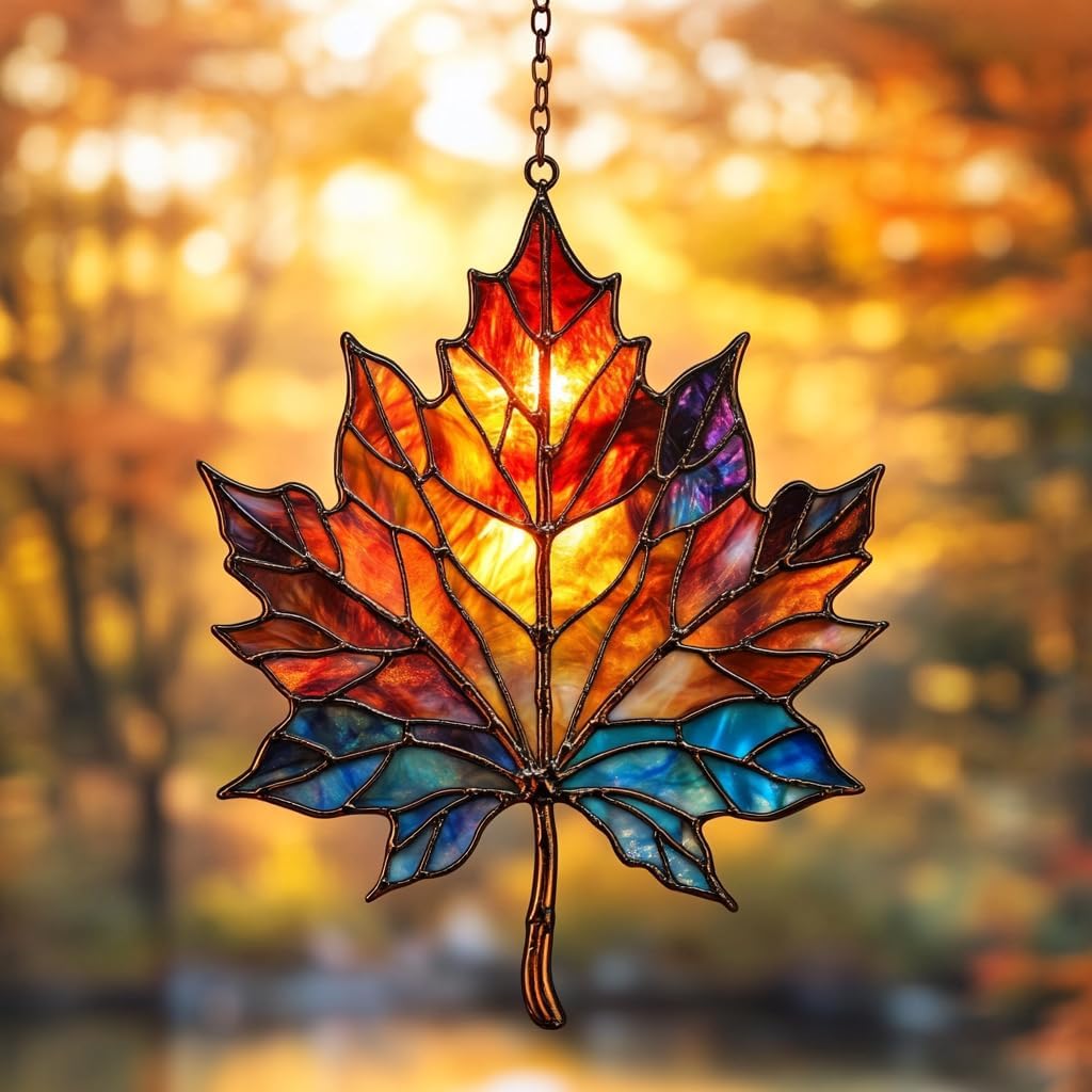 Maple Leaf in Autumn Acrylic Suncatcher Stained Glass Effect Window Car Hanging Christmas Ornament Indoor Outdoor Decor Garden Sun Catcher Panel for Maple Leaf Lover for Women Mom Grandma