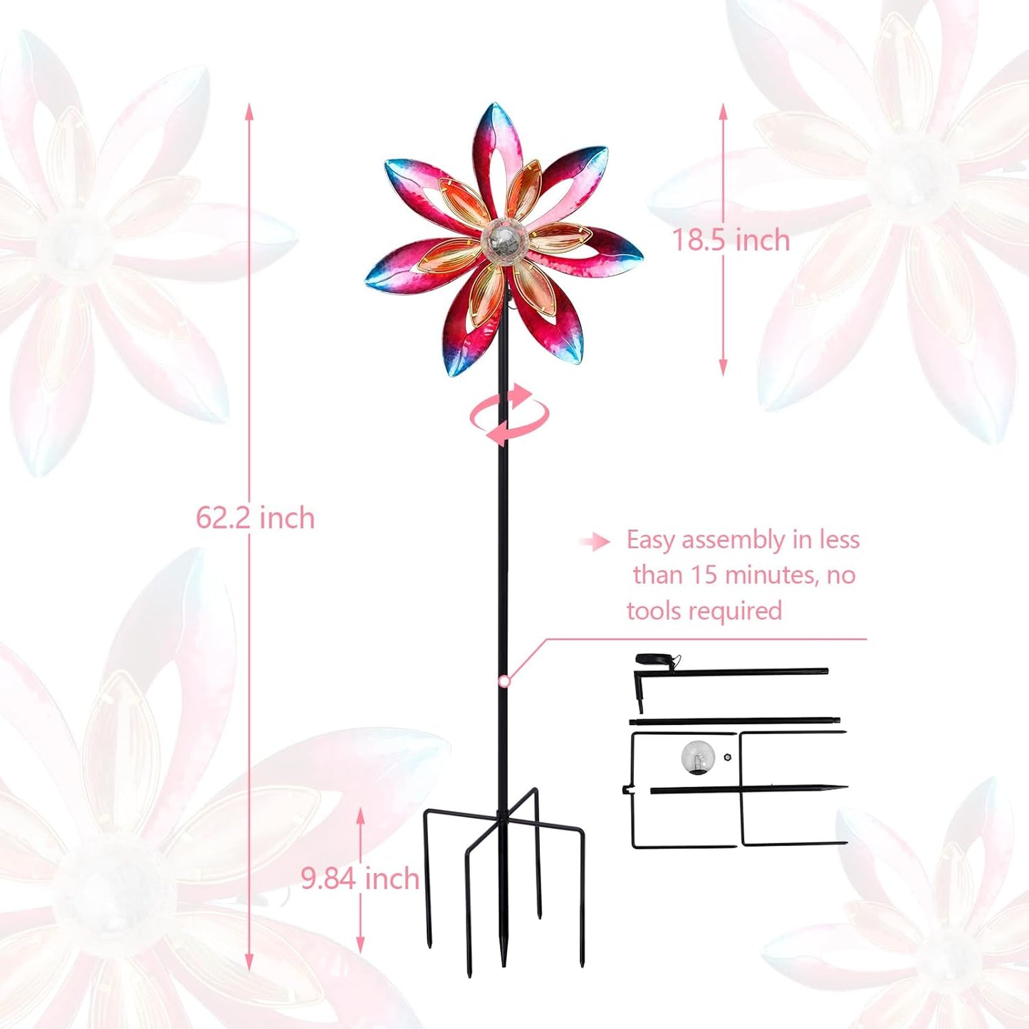 MUMTOP Wind Spinner Outdoor Large, 62 Inch Metal LED Solar Wind Sculptures Windmill for Yard Art, Garden Decor