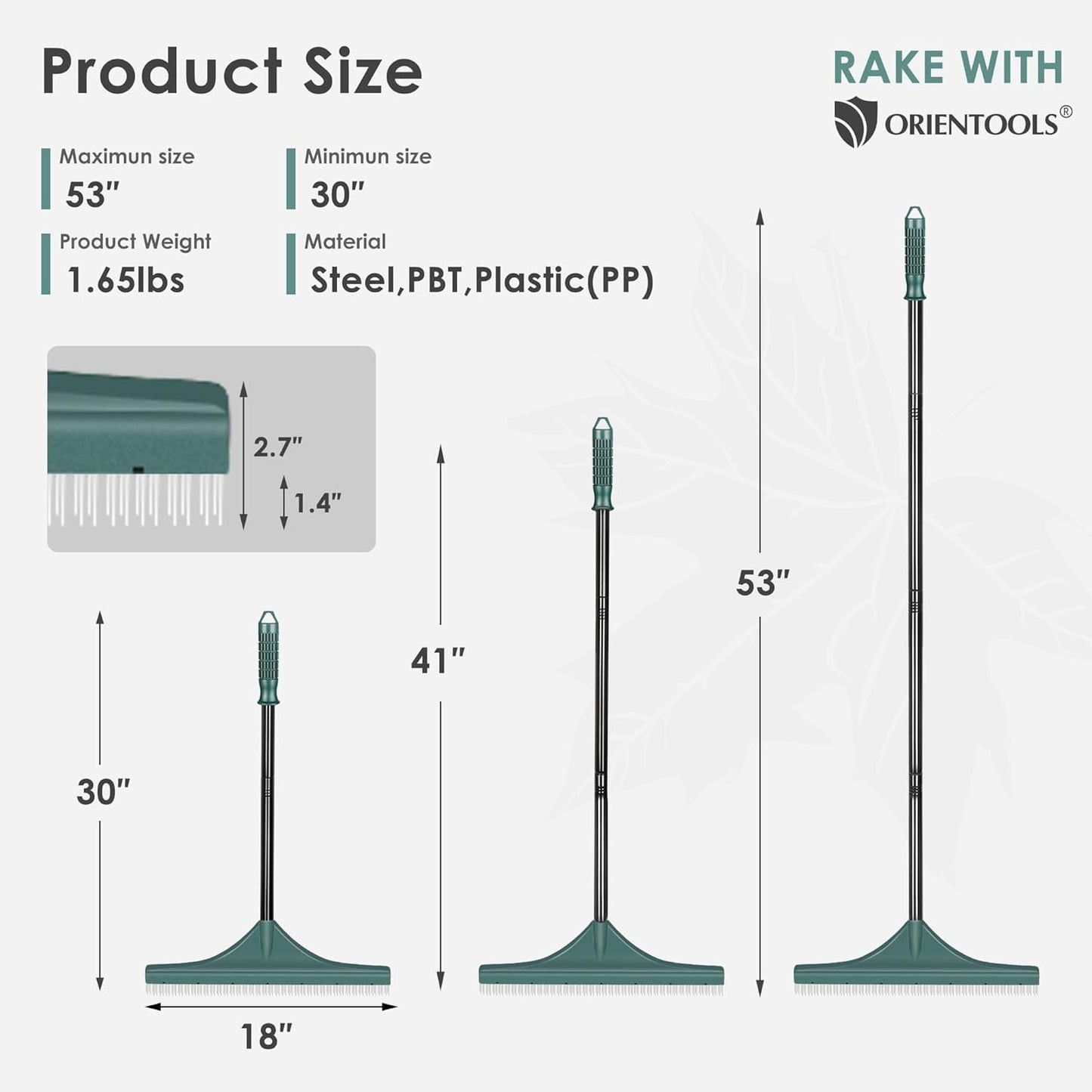 ORIENTOOLS Artificial Turf Rake, Grass Rake with 4 Sections Adjustable Steel Handle from 30" to 53", Hand Telescopic Brush, for Artificial Turf, Patios, Carpets, Pet Hairs and Garden Lawn Clean
