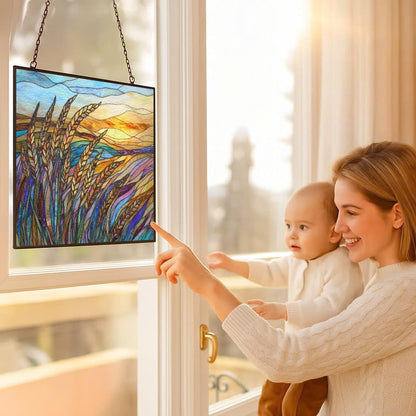 Personalized Rectangle Art Nouveau Swaying Wheat Field Stained Glass Window Hanging, Stained Glass Window Decor Suncatcher for Women, Perfect Home Décor