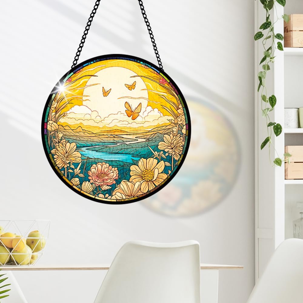 Yellow Butterfly Stained Glass Window Hanging with Floral, Stained Glass Window Decor for Indoor, Butterfly Hanging Glasses Ornament for Wall Decor, Glasses Gifts for Birthday, Xmas, Housewarming