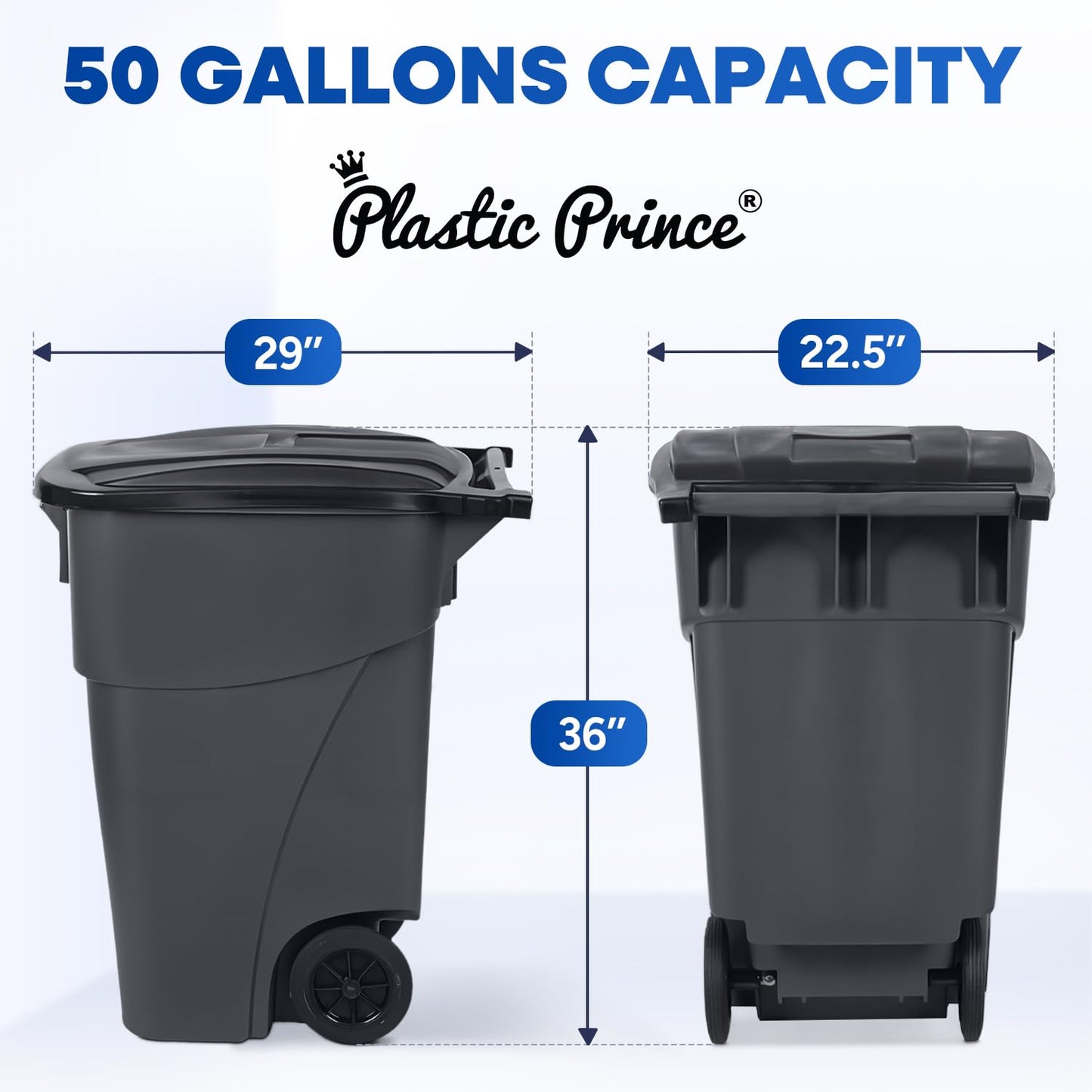 50 Gallon Trash Can, Gray Outdoor Garbage Can, Large Outside Trash Bin, Rolling Commercial Container, Outdoor Trash Can with Lid and Wheels for Back of House, Office, Warehouse, Garage