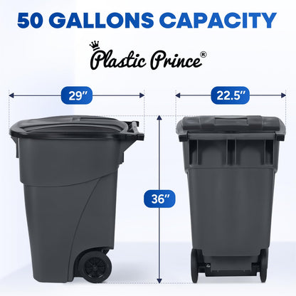 50 Gallon Trash Can, Gray Outdoor Garbage Can, Large Outside Trash Bin, Rolling Commercial Container, Outdoor Trash Can with Lid and Wheels for Back of House, Office, Warehouse, Garage