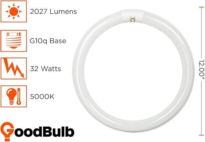 GoodBulb 32 Watt 12 Inch T9 Fluorescent Circline Light Bulb 5000K Daylight White Light G10q Base High Output 2027 Lumens 32W 10000 Life Hours 80 CRI Pack of 12 Bulbs