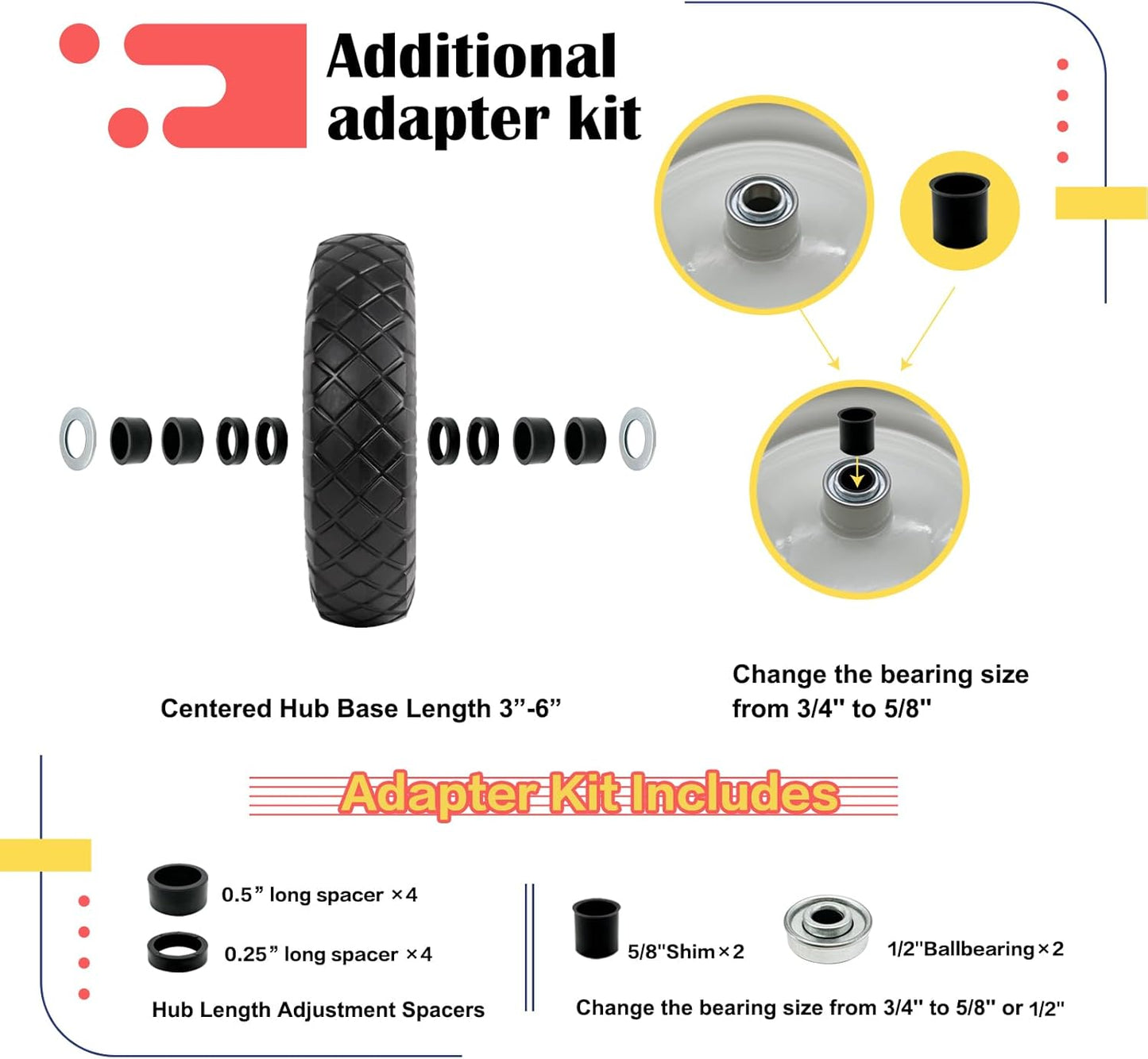 2-Pack 4.80-8 Wheelbarrow Tire and wheel with 3"-6''Centered Hub, 3/4" or 5/8''or 1/2'' Bearings, 16‘’ Tire Assembly for Hand Truck,Garden Cart (4.80/4.00-8 Flat Free,3"Center Hub,Knobby Tread)