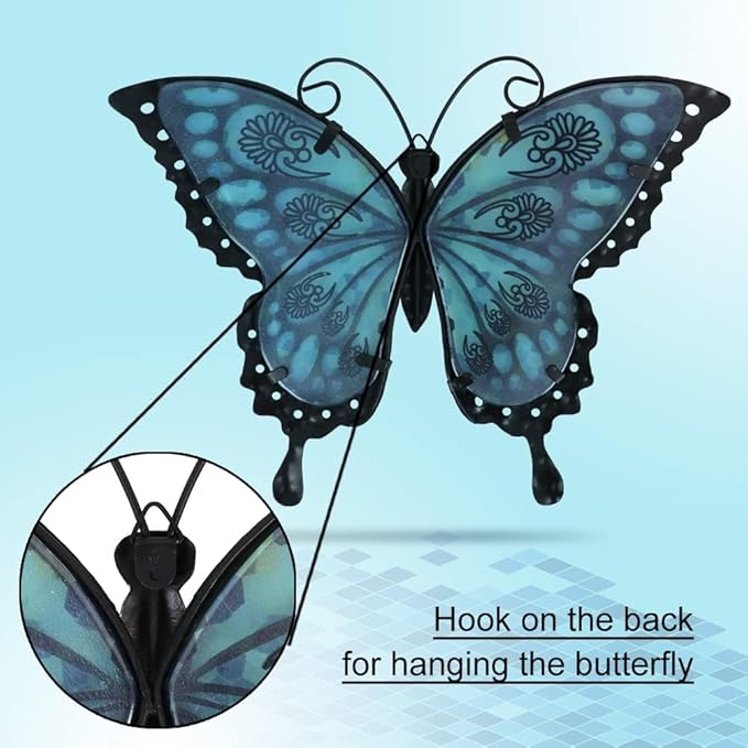 LIFFY Metal Butterfly Wall Decor Glass Outdoor Wall Art Sculptures 12" Hanging Garden Decorations Indoor Home Decorative Ornaments for Patio Yard Fence Bedroom Living Room