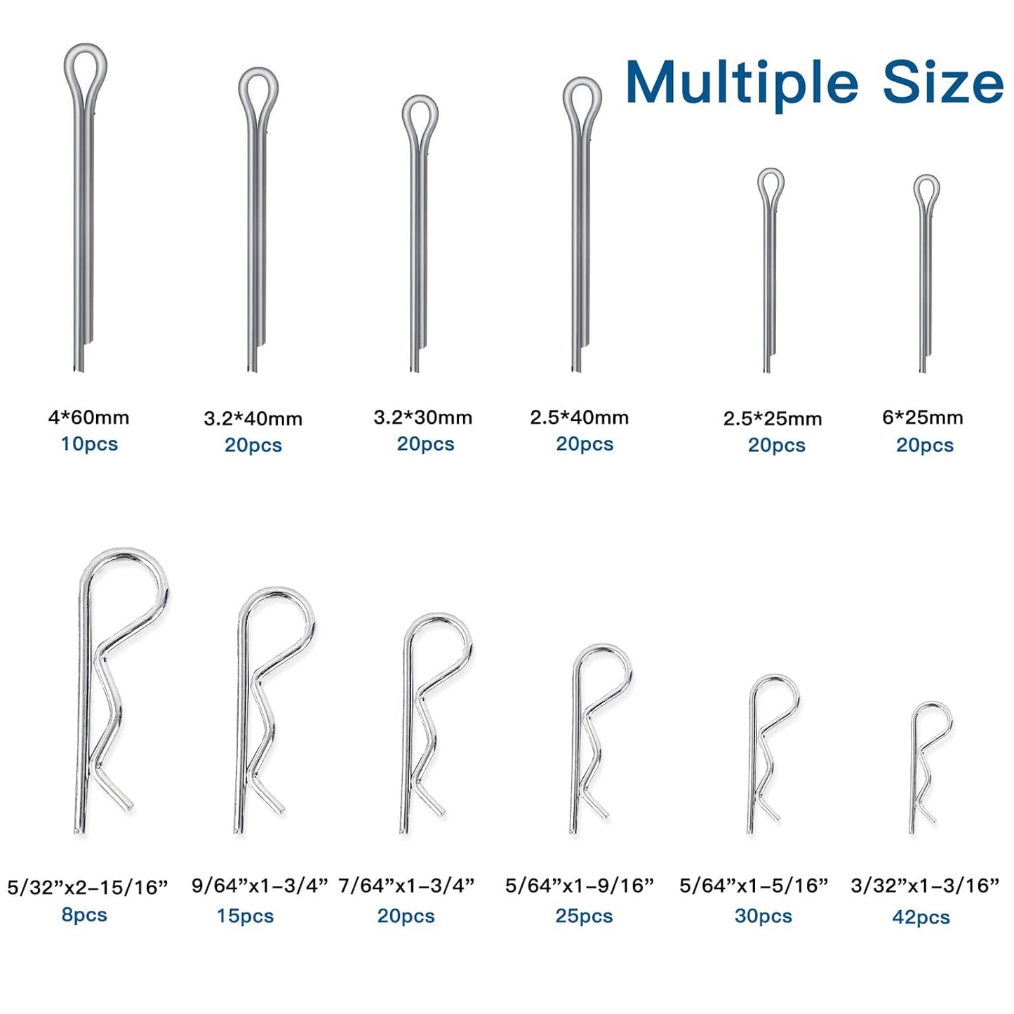 Boatsea 250Pcs Cotter Pin Assortment Kit R Clips Spring Retaining Hair Pins Assortment Kit, Including 6 Sizes 110PCS Cotter Pins and 6 Sizes 140PCS Hairpin Pins, Zinc-Plated
