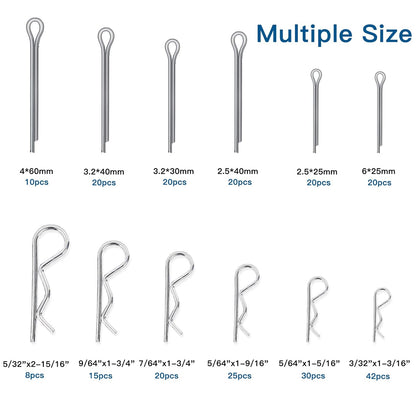 Boatsea 250Pcs Cotter Pin Assortment Kit R Clips Spring Retaining Hair Pins Assortment Kit, Including 6 Sizes 110PCS Cotter Pins and 6 Sizes 140PCS Hairpin Pins, Zinc-Plated