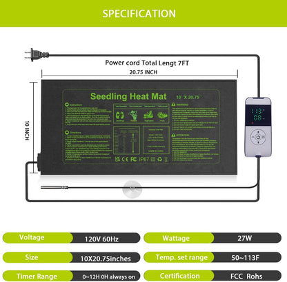 Seedling Heat Mat 10X20.75`` with Thermostat Temperature Controller Auto Off Timer Durable Waterproof Plant Heating Pad Warm Hydroponic Heating Mat for Seed Starting Germination Plant Propagation (1)