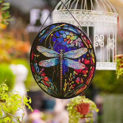 12" Stained Glass Window Hanging Suncatcher,Large Dragonfly Pattern Handmade Stained Glass Painted,Suncatchers for Windows,Hand Dragonfly Suncatcher Window Decorations,Include Metal Chain