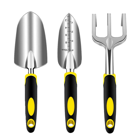 Garden Tool Set, 3 Piece Gardening Tools Includes Garden Trowel, Transplant Trowel and Hand Rake
