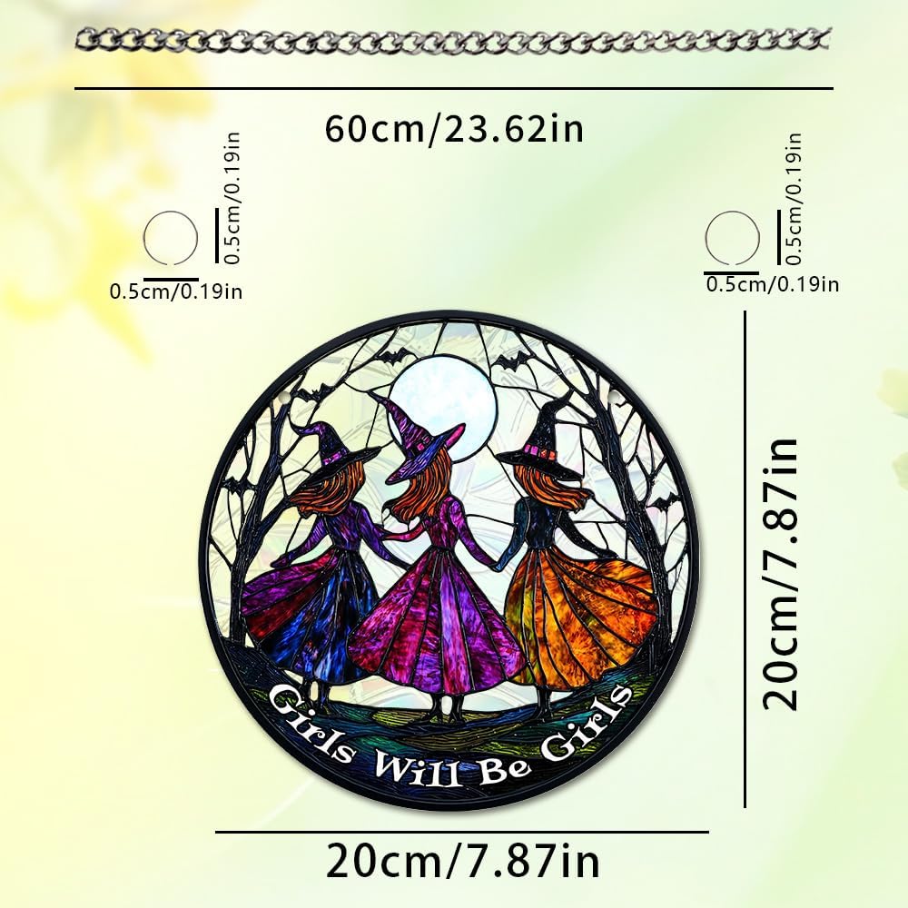 Halloween Sun Catcher - 8 Inch Round Suncatcher for Window Hanging Decoration - Creates Indoor Rainbows Light Refraction - Spooky Ghost, Witch, Pumpkin Design - Suction Cup Hook & Chain