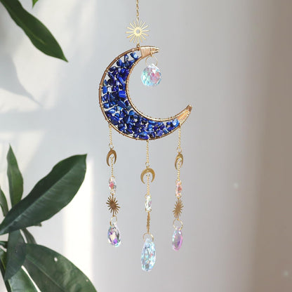 Moon Suncatcher Hanging Decor, Boho Chic Lapis Lazuli Crystal Sun Catcher, Spritual Sun Light Catcher for Windows, Blue Crescent Moon Housewarming Gift (Lapis Lazuli)
