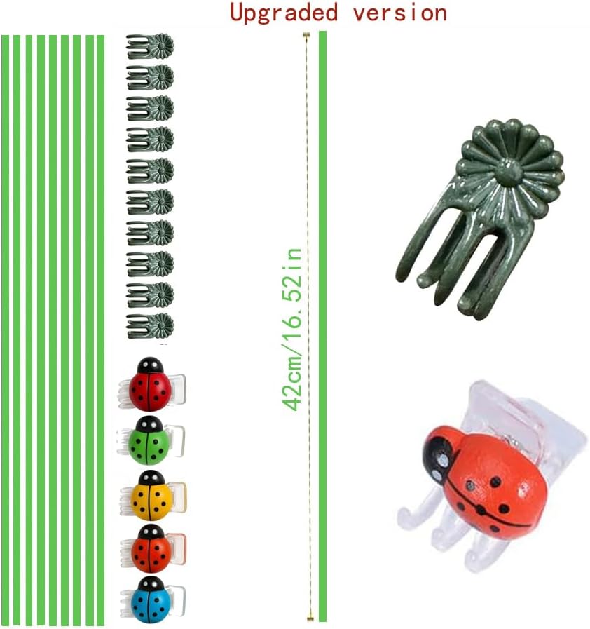 16.5 Inch Plant Stakes - 10 Pcs Bendable Plant Support Stakes Green with 10 Clips & 5 Adorable Ladybug Clips for Indoor Outdoor Potted Plants, Orchids, Tomatoes, Flowers Gardening
