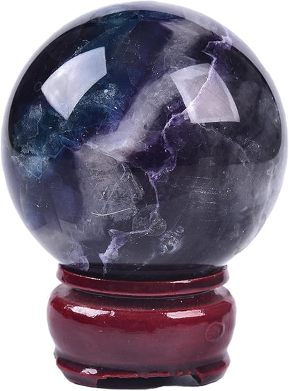 JIC Gem Natural Colorful Fluorite Crystal Sphere Decorative Ball with Wooden Stand Meditation Balls for Witchcraft Reiki Healing Gift 50-60mm