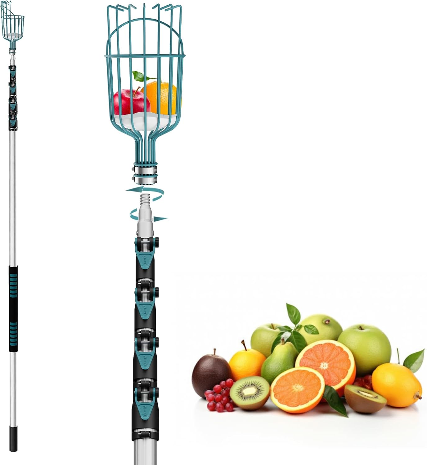 24FT Telescoping Fruit Picker (30+ Foot Reach) | Lightweight High-Grade Aluminum Extension Pole with Easy Attach Twist-On Apple Basket | Durable Fruit Picking Tool