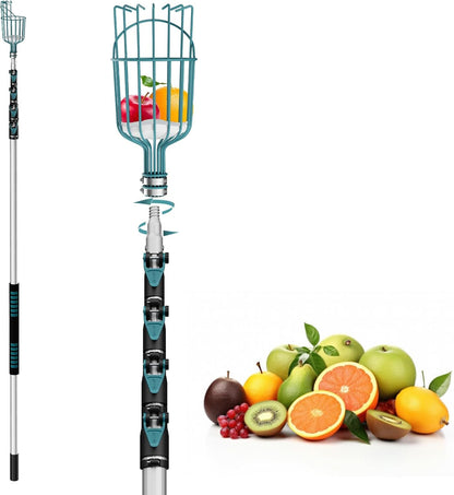 24FT Telescoping Fruit Picker (30+ Foot Reach) | Lightweight High-Grade Aluminum Extension Pole with Easy Attach Twist-On Apple Basket | Durable Fruit Picking Tool