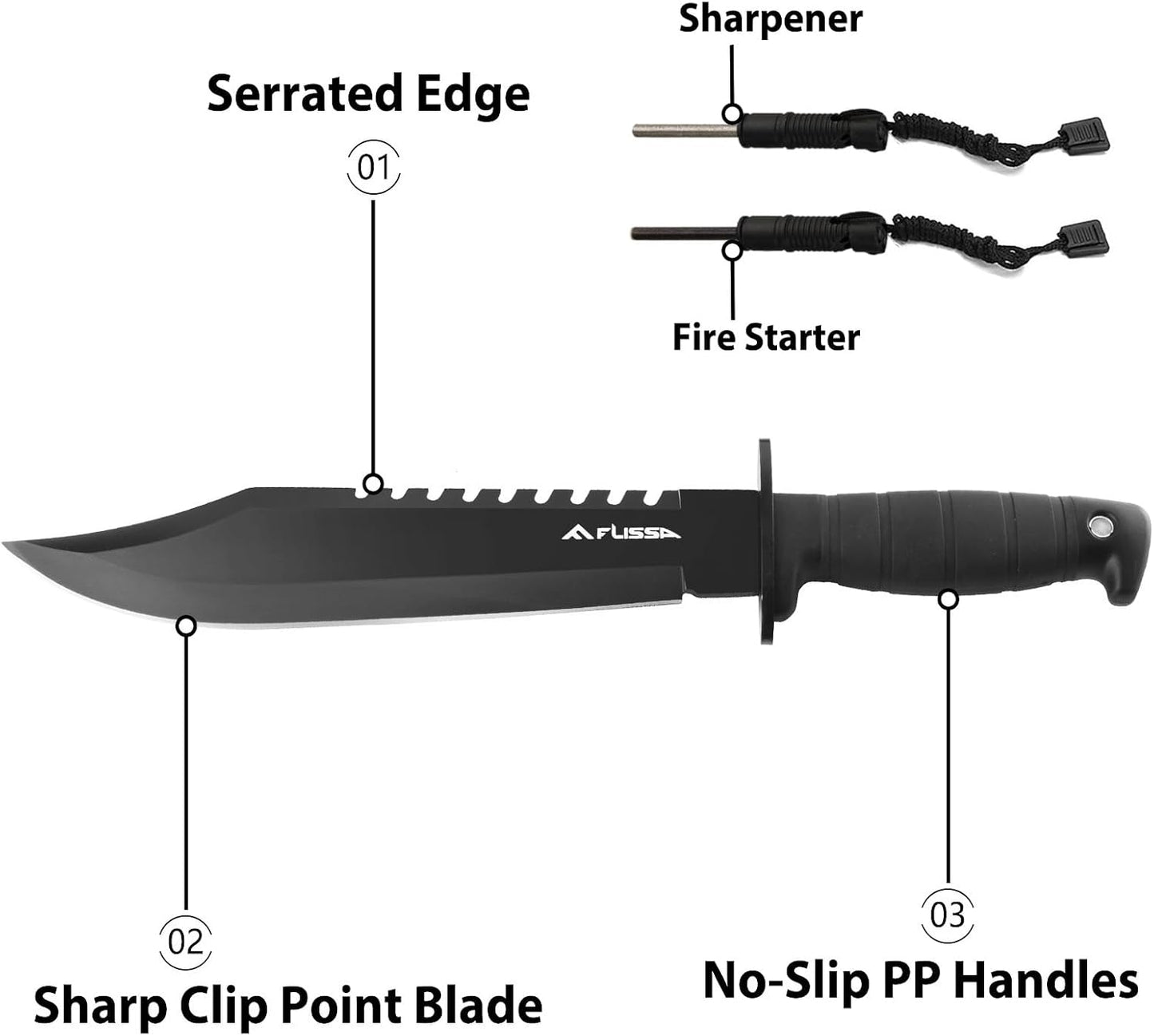 FLISSA Survival Hunting Knife with Sheath, 15-inch Full Tang Fixed Blade Tactical Bowie Knife with Sharpener & Fire Starter for Camping, Outdoor, Bushcraft