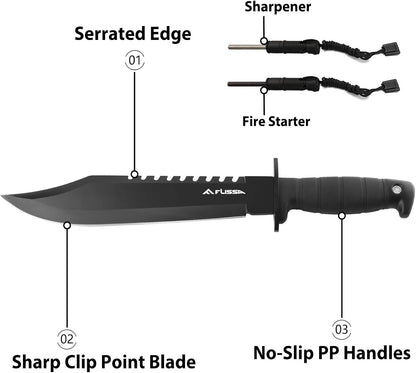 FLISSA Survival Hunting Knife with Sheath, 15-inch Full Tang Fixed Blade Tactical Bowie Knife with Sharpener & Fire Starter for Camping, Outdoor, Bushcraft