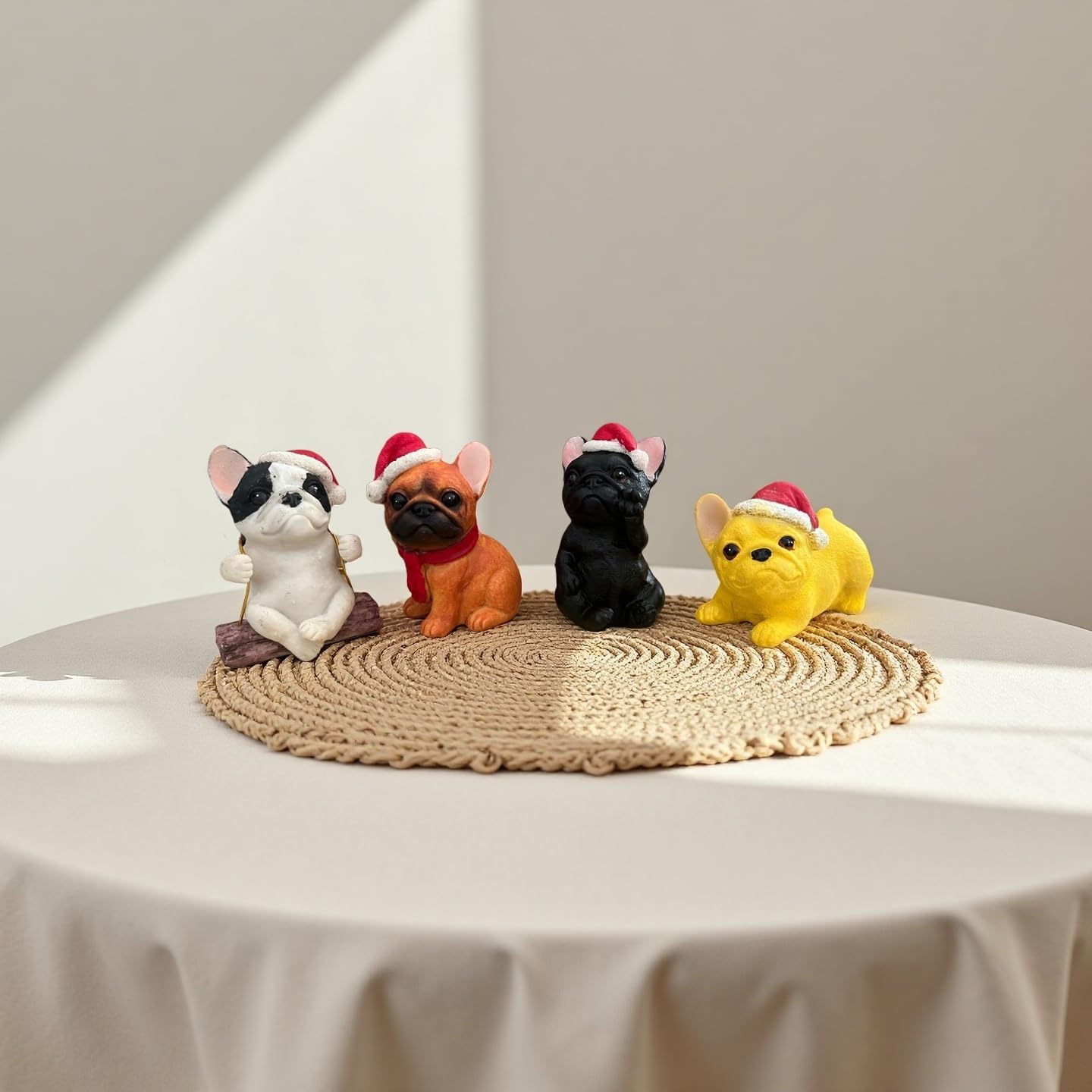 4 Pieces Cute French Bulldog Dog Figurines Fairy Garden Figurines Resin Dog Statues with Christmas Hat for Office Home Garden Decor Collectible Puppy Figurines Animal Sculpture for Kids