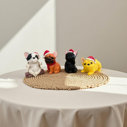 4 Pieces Cute French Bulldog Dog Figurines Fairy Garden Figurines Resin Dog Statues with Christmas Hat for Office Home Garden Decor Collectible Puppy Figurines Animal Sculpture for Kids