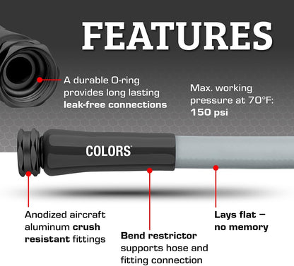 Flexzilla Colors Lead-In Garden Hose 5/8in. x 10ft., Lightweight All-Weather Water Hose, Durable and Flexible, Leak-Free Connections, Slate Gray