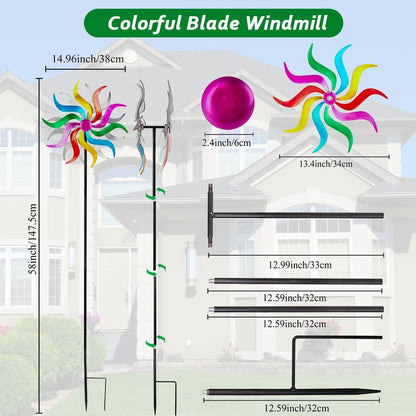 Wind Spinners Outdoor, Colorful Metal Wind Sculptures & Spinners, 15" Dia x 58" H Large Kinetic Windmills for Garden Yard Decor