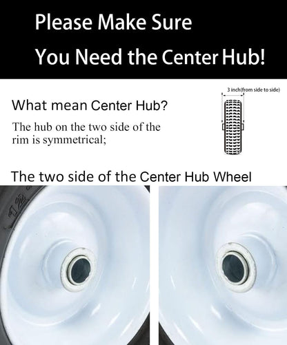 Flat Free 4.10/3.50-4 Tire with 3/4 & 5/8 Axle Bore, 3” Center Hub 10 inch Solid Tire Replacement for Hand Truck/Wagon/Garden Cart/Wheelbarrow/Dolly(Set of 2)