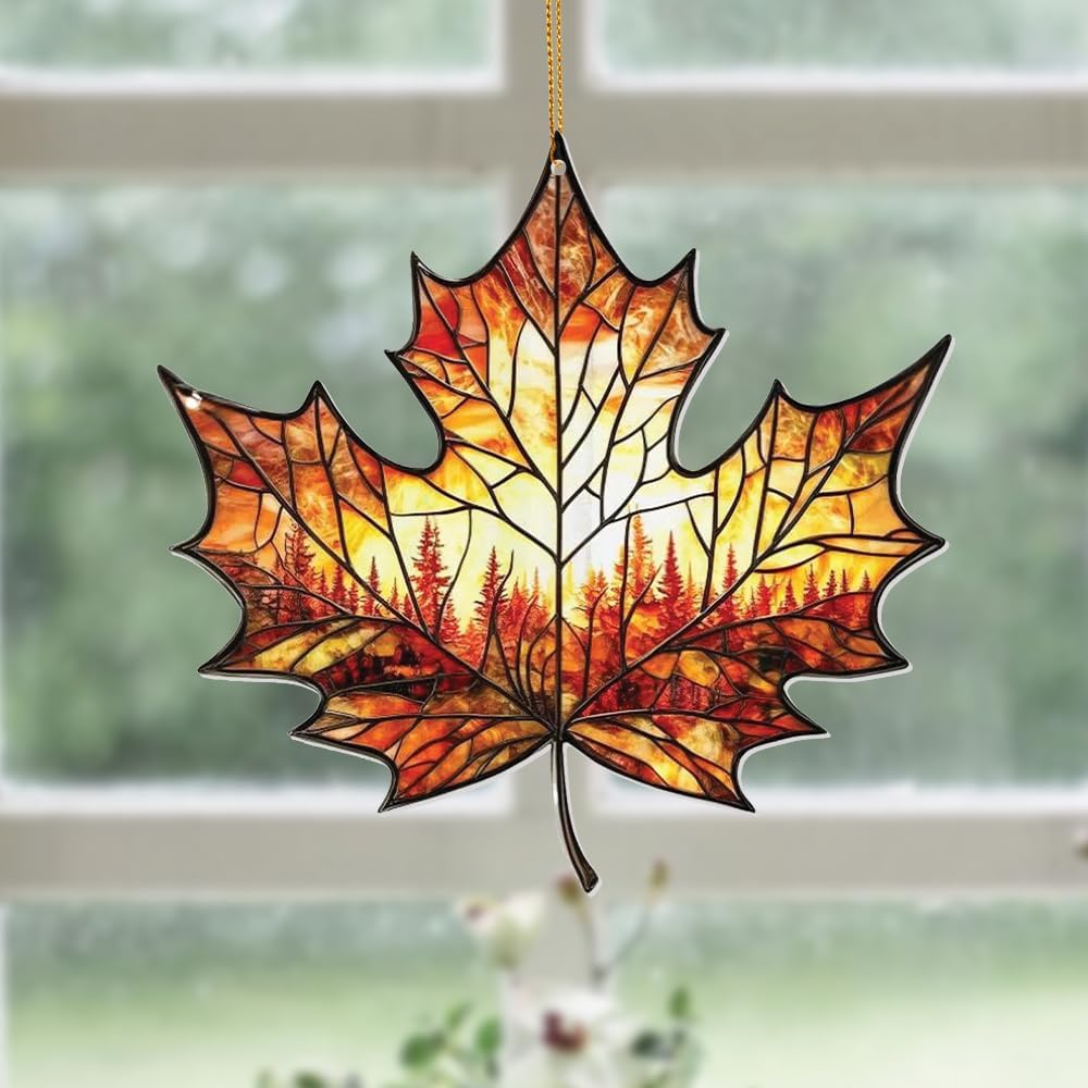 Stained Glass Acrylic Maple Leaf Ornament – Autumn & Christmas Tree Decoration 2025, Fall Harvest Sun Catcher, Nature-Themed Holiday Décor, Maple Leaf Gift for Home & Garden(Sun-14)