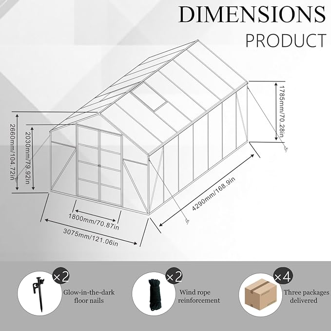 92in High 10*12FT Greenhouse for Outdoors,Polycarbonate Greenhouse with Stronger Wind Protection and Roof Vent,Walk-in Large Aluminum Sunroom Winter Proof,Black