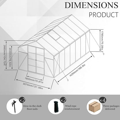 92in High 10*12FT Greenhouse for Outdoors,Polycarbonate Greenhouse with Stronger Wind Protection and Roof Vent,Walk-in Large Aluminum Sunroom Winter Proof,Black