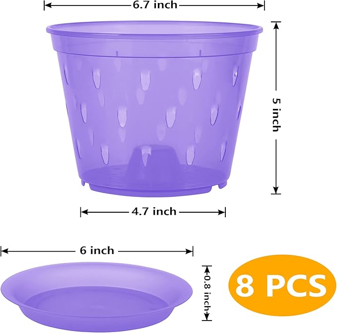 Orchid Pot, 6.7 Inch 8 Pack Orchid Pots with Holes and Saucers,Plastic Orchid Planter - Purple Amethyst