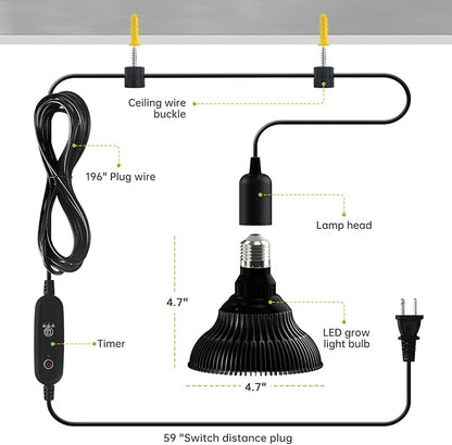 Hanging Grow Lights for Indoor Plants, 25W 5000K, LED Hanging Grow Light with Timer, Height Adjustable Hanging Plant Light, Full Spectrum Pendant Grow Light for Seed Starting, Black