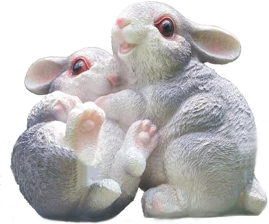 Garden Statues Bunny Decor Resin Hug Rabbit Figurine Cute Fairy Garden Decor Outdoor Statues for Patio Yard Porch Balcony Gifts for Women Mom Grandma Grey