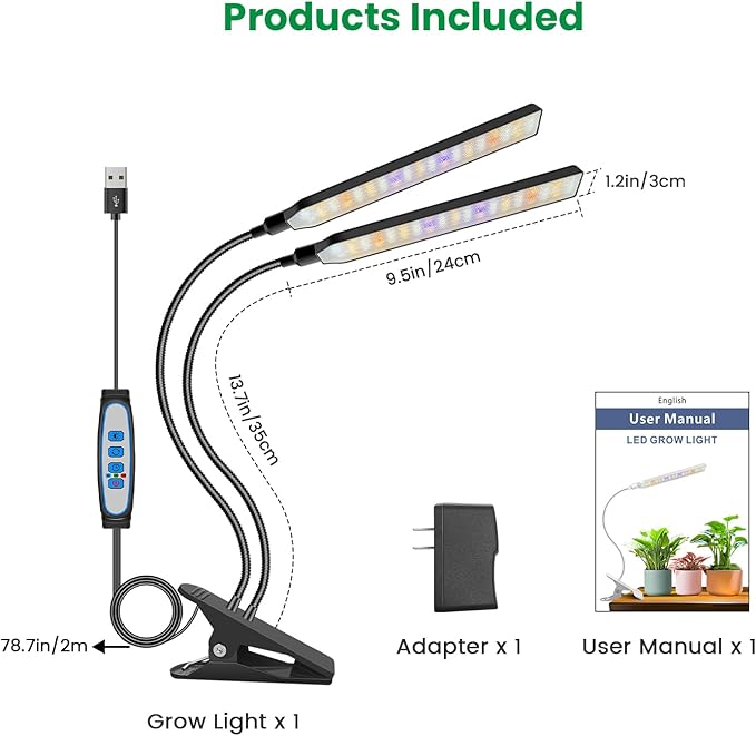 Grow Lights for Indoor Plants, 2 Head 114 LED Full Spectrum Clip on Plant Lights for Indoor Growing with 6/12/16H Timer, 5 Dimming, 3 Light Mode, Black Gooseneck Grow Lamp
