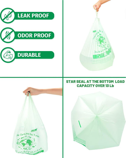 100% Compostable Trash Bags, 3 Gallon Compost Bags Small Kitchen Trash Bags with Handle, 200 Count Sturdy Biodegradable Garbage Bags Food Scrap Waste Bags, ASTM D6400, US BPI Certified