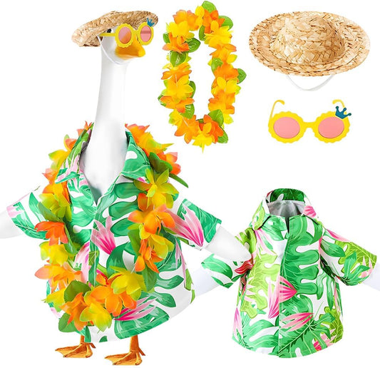 Hawaiian Porch Goose Outfits,2025 New Yard Goose Clothes Hawaiian Wreath with Straw Hat Glasses,4 Pcs/Set Summer Lawn Goose Costume,for 23" Statue Patio Garden Decoration