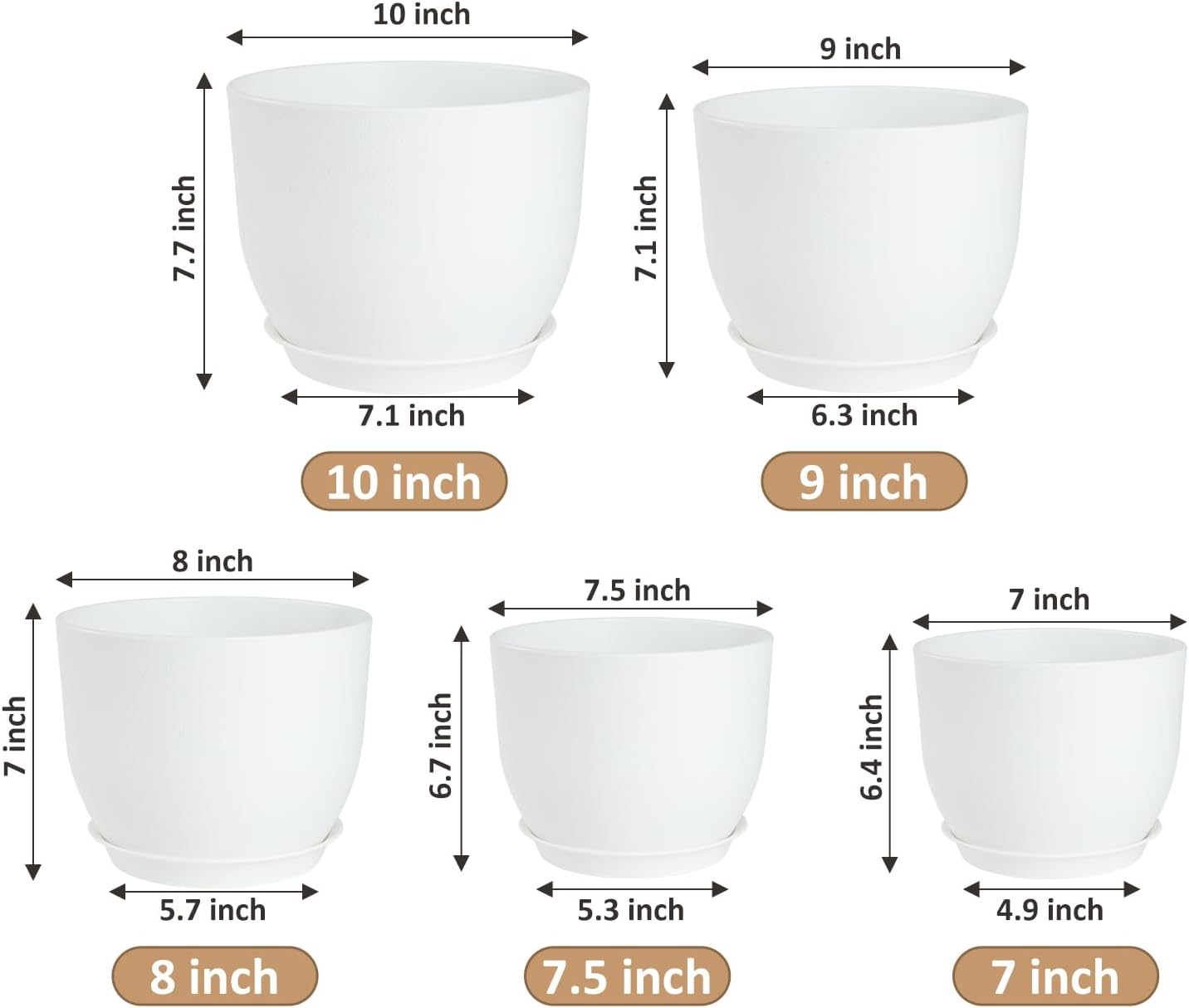 Plant Pots 10/9/8/7.5/7 inch Flower Pots with Multi Mesh Drainage Holes, Planters for Indoor Outdoor Garden Plants and Flowers. (White)