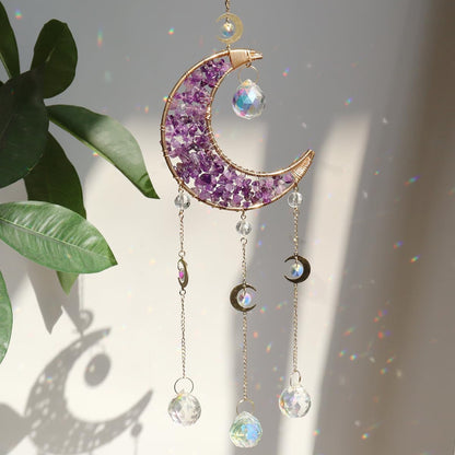 Moon Suncatcher Hanging Decor, Boho Chic Amethyst Crystal Sun Catcher, Spritual Sun Light Catcher for Windows, Crescent Moon Housewarming Gift (Amethsyt)
