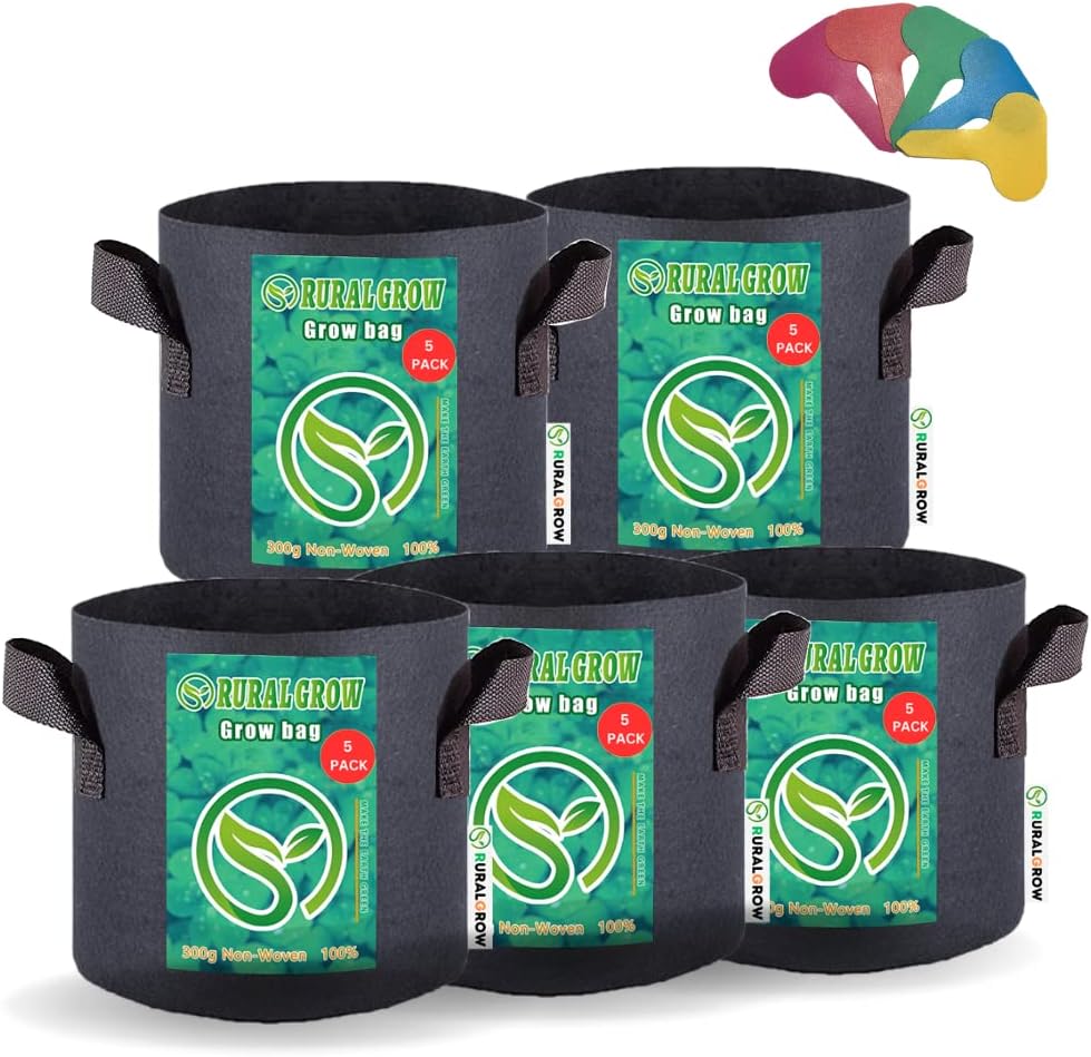7 Gallon Grow Bags, 5-Pack Fabric Pots 300G Thickened Aeration Non-Woven Grow Bag 7 Gallon with Handles, Garden Bags to Grow Vegetables, Fruits
