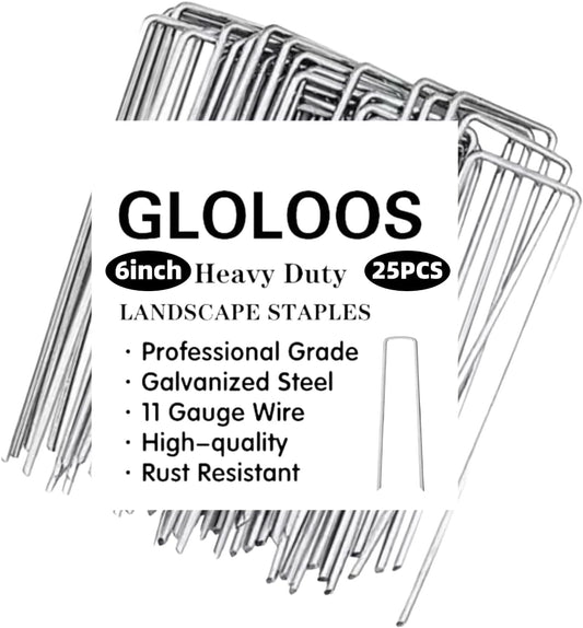 6 inch 25 Pack Silver Galvanized Landscape Staples 11 Gauge Garden Stakes Pins Anti-Rust Ground Stakes U-Shaped Tent Stakes are Used for Weed Barrier, Irrigation Tubing, Yard Lawn, Landscape Fabric