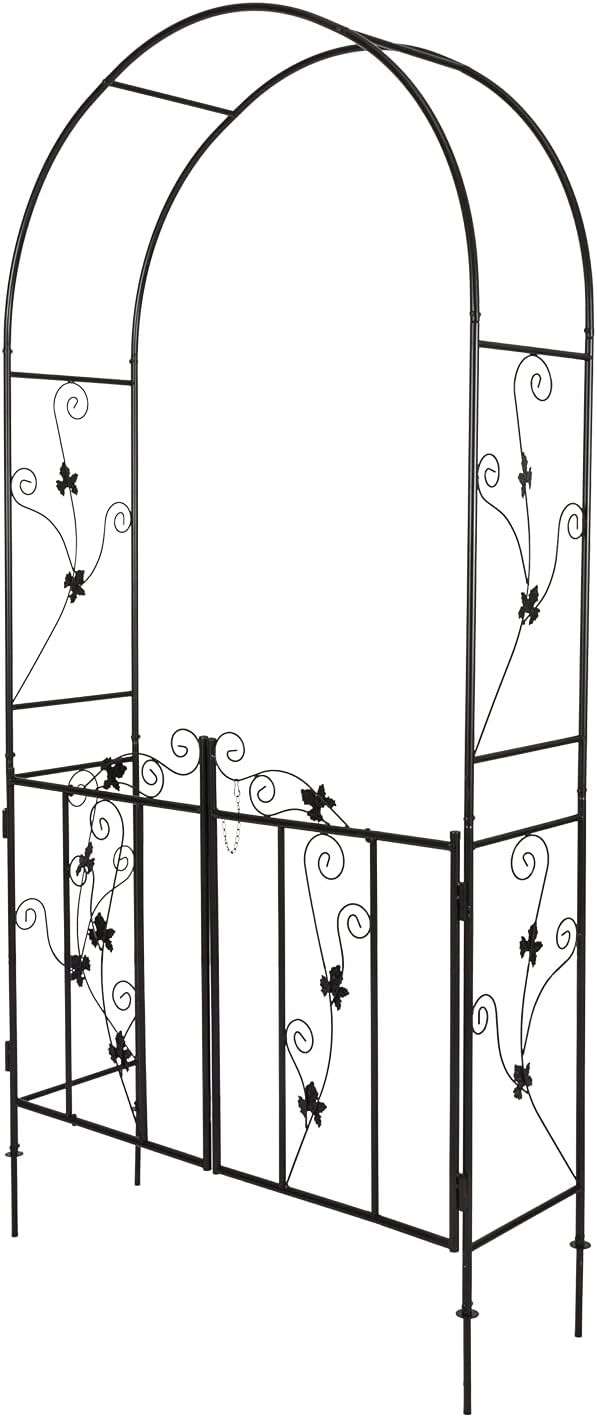 JSUN7 Metal Garden Arch with Gate - Garden Arbor with Gate, Garden Arch Trellis for Outdoor Climbing Plants, Wedding Arch with Double Doors, 7'H X 3.6'W, Black