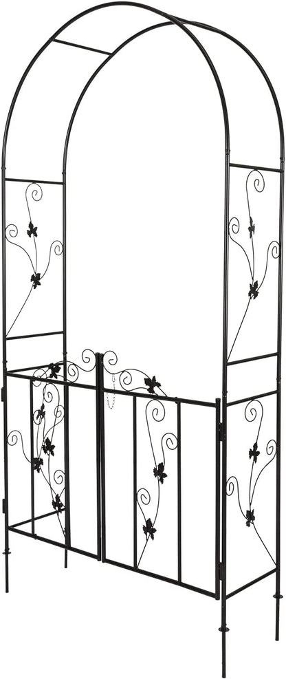 JSUN7 Metal Garden Arch with Gate - Garden Arbor with Gate, Garden Arch Trellis for Outdoor Climbing Plants, Wedding Arch with Double Doors, 7'H X 3.6'W, Black