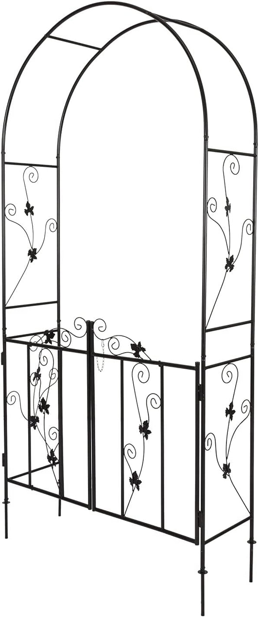JSUN7 Metal Garden Arch with Gate - Garden Arbor with Gate, Garden Arch Trellis for Outdoor Climbing Plants, Wedding Arch with Double Doors, 7'H X 3.6'W, Black
